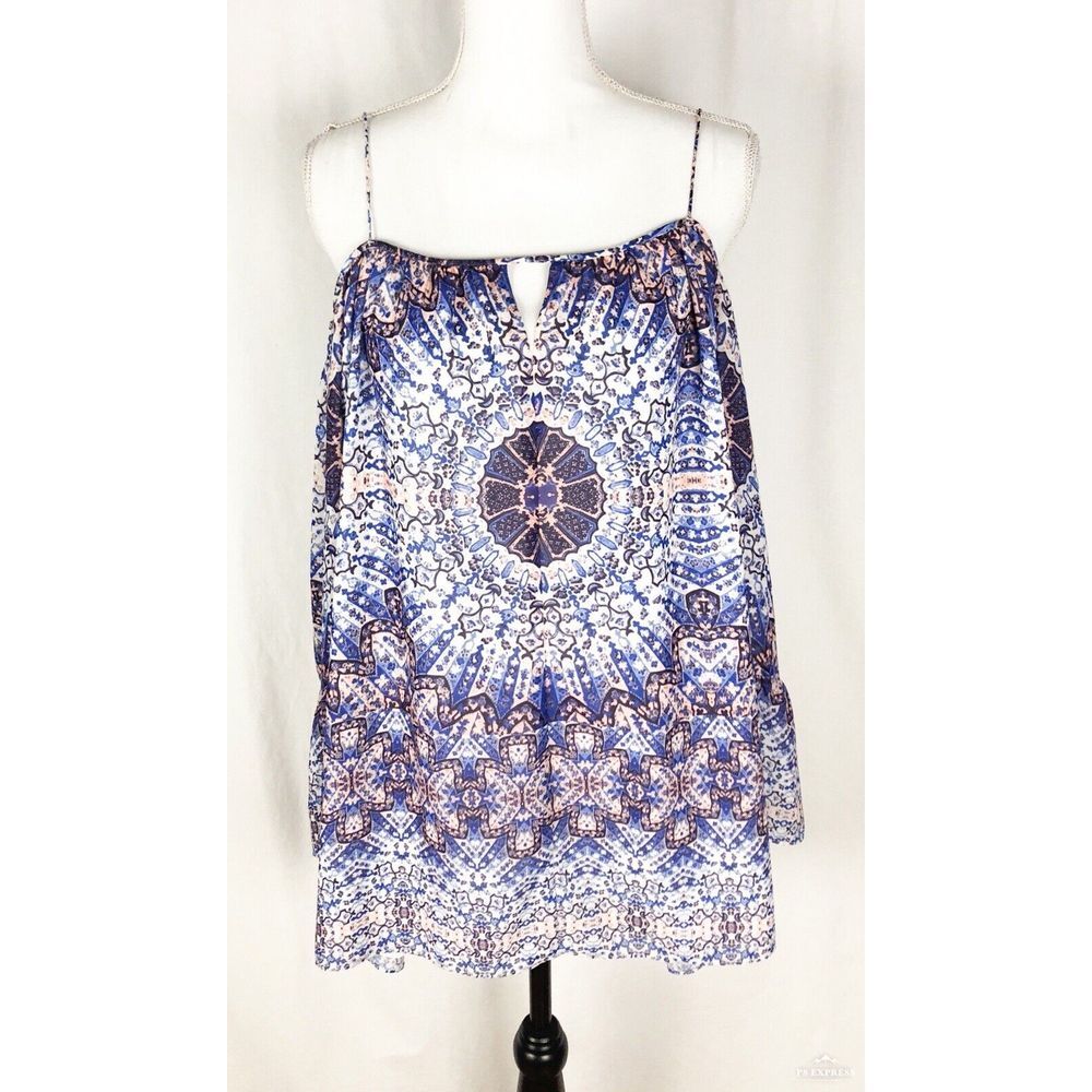 Cremieux Womens Blouse Blue Long Sleeve Cold Shoulder geometric blouse size L